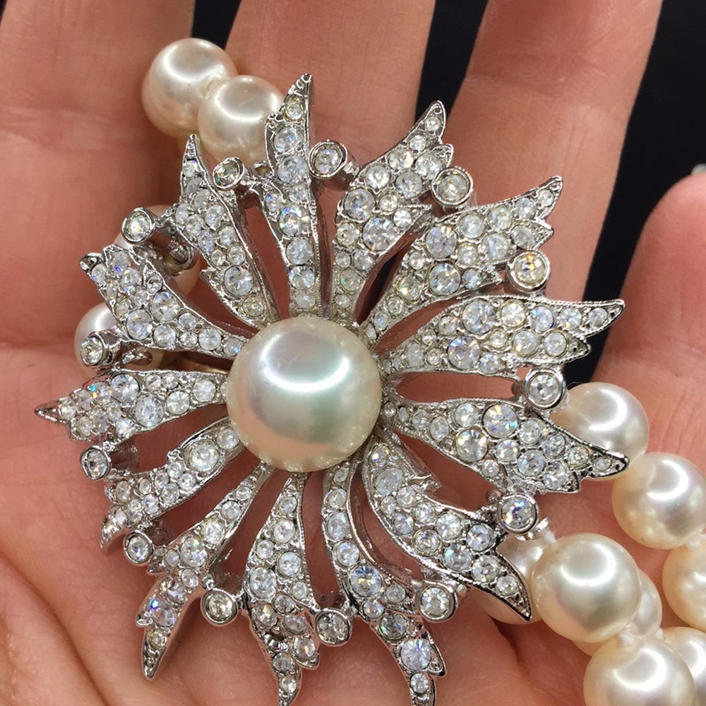 Vintage MCJ rhinestone pearl necklace, sterling ER - Picture 7 of 9